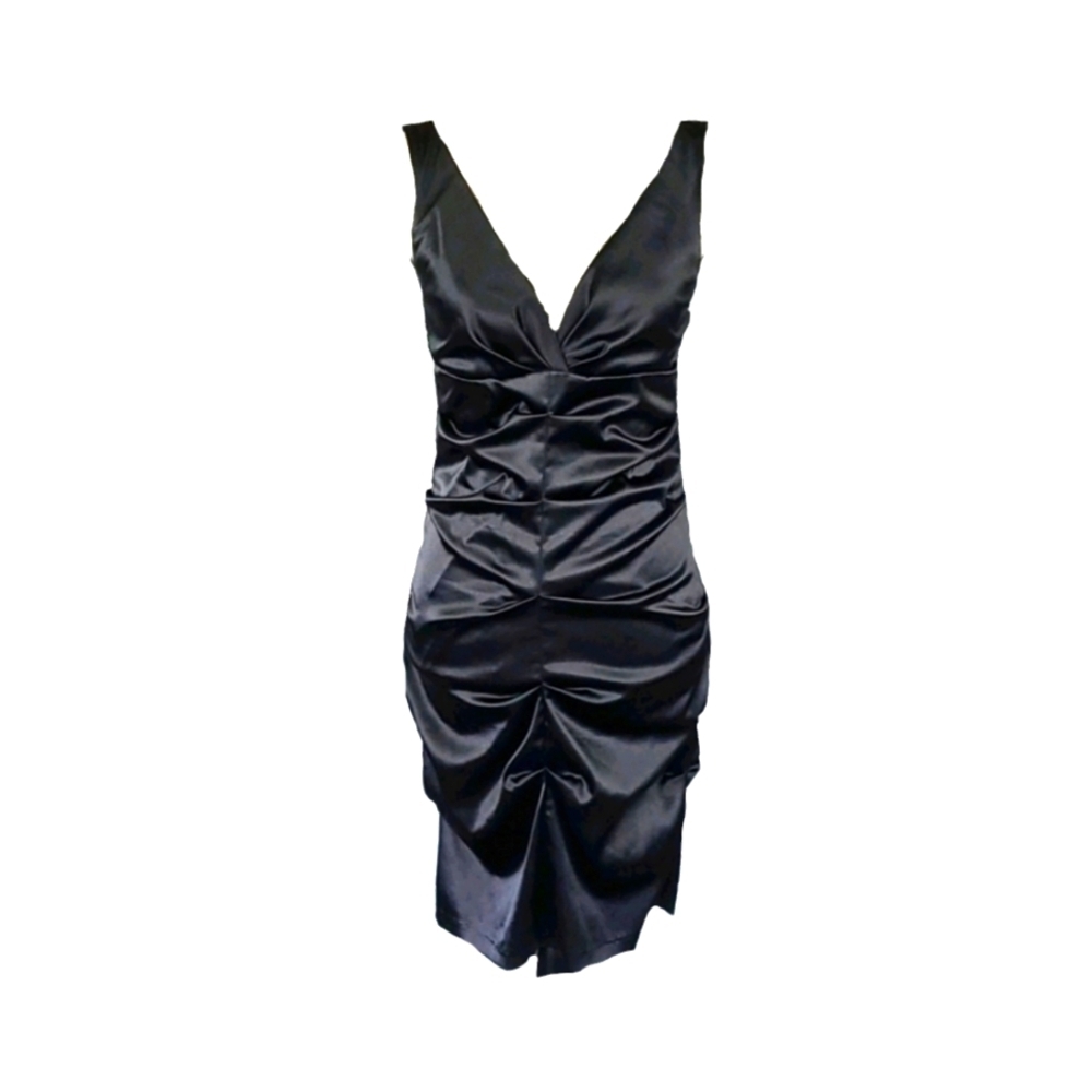 Windsor Black Liquid Satin Ruched Bodycon Cocktail Dress Party Elegant Glam, 9